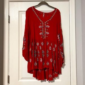 Free People “Arianna” Red Embroidered Tunic Dress